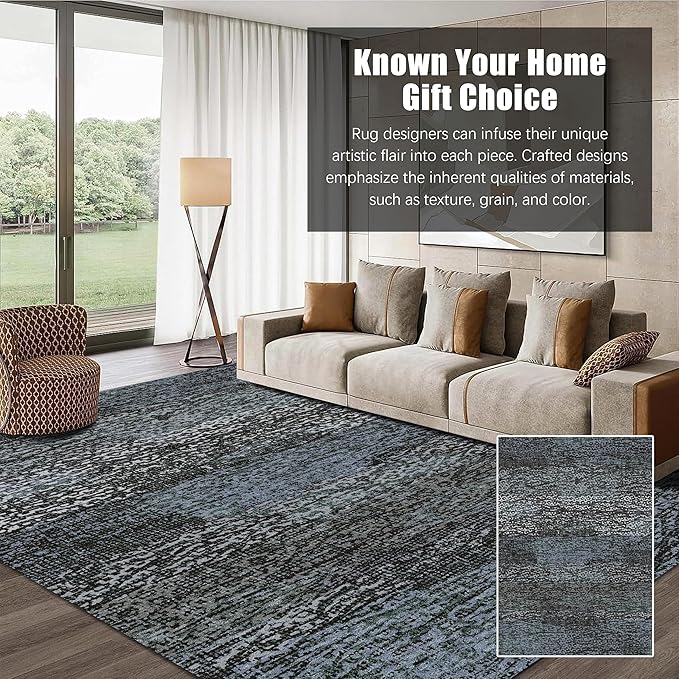 RUGSURE Washable Area Rug - 1/6 Thick - Stain & Water Resistant Non-Slip - Resistant Rug for Living Room, Bedroom, Nursery, Pet & Child Friendly, Vintage Charm Area Rugs (Darkgrey+Bule, 8' x 10')