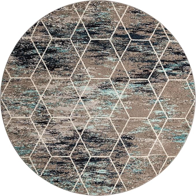 Unique Loom Trellis Frieze Collection Area Rug - Geometric (8' Round, Blue Multi/ Ivory)