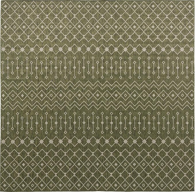 Unique Loom Outdoor Trellis Collection Area Rug - Tribal Trellis (13' Square, Green/ Natural)