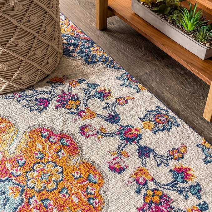 JONATHAN Y Boho Vintage Blue/Multi Indoor Area Rug, 12x18, Bohemian Flair Medallion, Floral Easy-Cleaning High Traffic for Living Room, Bedroom, Kitchen, Pet-Friendly, Non-Shedding (BMF106A-18)