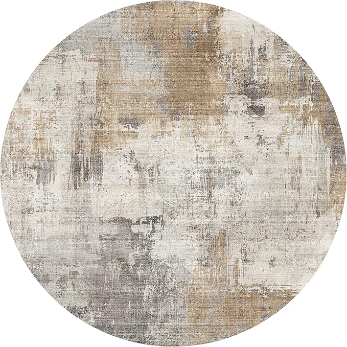 ReaLife Rugs Machine Washable Area Rug - Living Room Bedroom Bathroom Kitchen Entryway Office - Padded Low Pile Stain Resistant Premium - Modern Abstract Contemporary - Quinn - Beige 4' Round