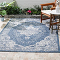FH Home Outdoor Area Rug - Waterproof Easy to Clean Stain Resistant - Patio Indoor Outdoor Porch Deck Balcony Entryway - Vintage Distressed - Gorgan - Blue - 7ft 8in x 9ft 8in