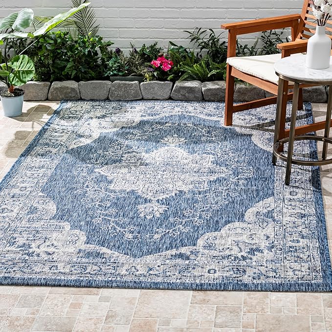 FH Home Outdoor Area Rug - Waterproof Easy to Clean Stain Resistant - Patio Indoor Outdoor Porch Deck Balcony Entryway - Vintage Distressed - Gorgan - Blue - 7ft 8in x 9ft 8in