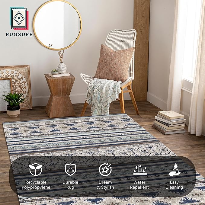 RUGSURE Washable Area Rugs 4' x 6' - 1/6 Thick - Moroccan-Inspired -Stain & Water Resistant Non-Slip - Resistant Rug for Living Room, Bedroom, Nursery, Pet & Child Friendly (Blue and Brown)