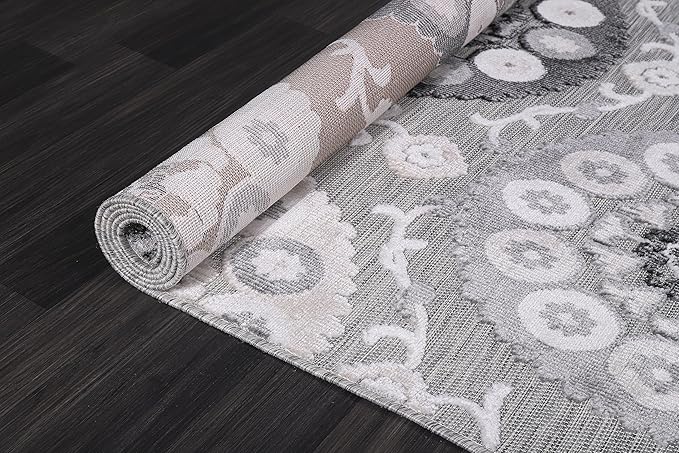CAMILSON Indoor Outdoor Rug 5x7 Bohemian Medallion Floral Area Rugs for Indoor and Outdoor Patios Easy-Cleaning Non-Shedding Living Room Garden and Kitchen Washable Outside Carpet (5 x 7 / Gray)