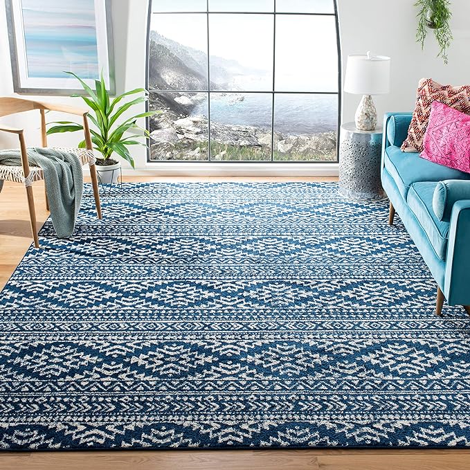SAFAVIEH Area Rug 9x12 - Tulum Collection - Large - Navy & Ivory, Moroccan Boho Tribal Design, Non-Shedding & Easy to Clean, Ideal for Living Room, Bedroom, Dining Space (TUL272N)