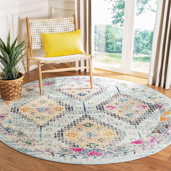 SAFAVIEH Madison Collection Area Rug - 6'7" Round, Blue & Yellow, Boho Diamond Distressed Design, Non-Shedding & Easy Care, Ideal for High Traffic Areas in Living Room, Bedroom (MAD418K)