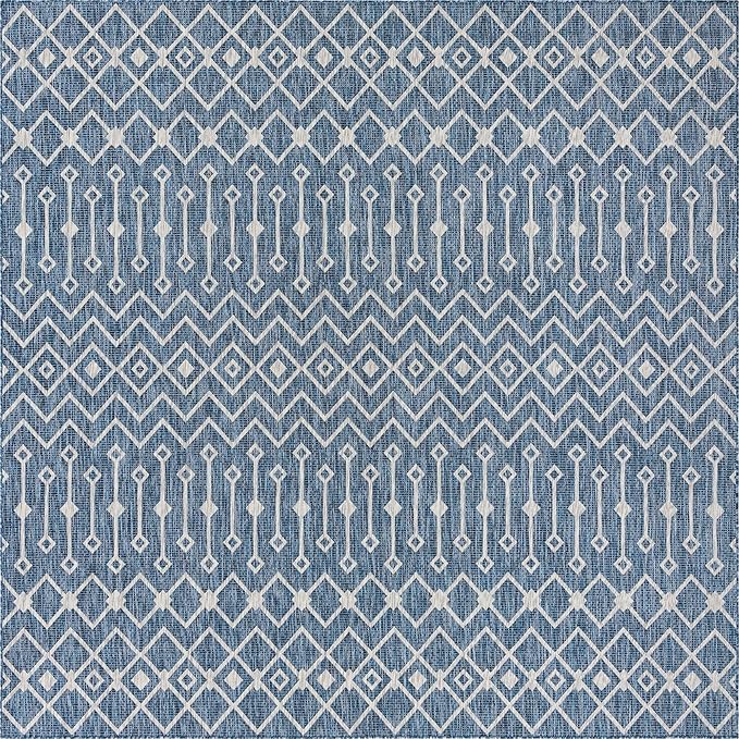 Unique Loom Outdoor Trellis Collection Area Rug - Tribal Trellis (10' Square, Blue/ Ivory)