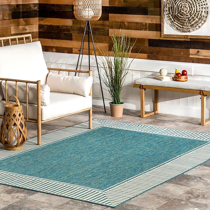 Nuloom Asha Teal/Ivory, 5' x 8', Casual, Striped Border, Soft and Cozy, High Traffic, Stain Resistant, Easy Clean, Durable Area Rug for Indoor/Outdoor Patio, Deck, Porch, Garden, Courtyard