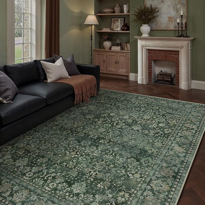 HUGEAR 6x9 Machine Washable Rugs Dark Green Hallway Large Area Rug Indoor Accent Rug Floral Low Pile Carpet Soft Throw Aesthetic Rug Bedroom Living Room Office Dining Room Kitchen Laundry Room