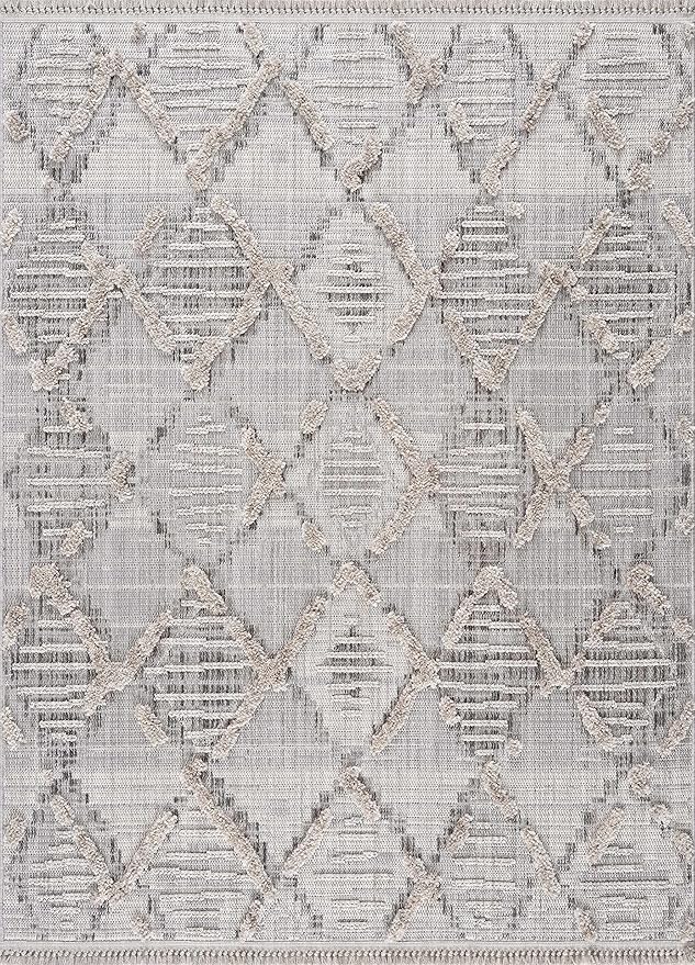 Hauteloom Bogtong Farmhouse Living Room Bedroom Moroccan Trellis Area Rug - Soft Shaggy High Low Carpet - High Pile - Bohemian, Boho - Gray, Beige, Cream - 7'10" x 10'