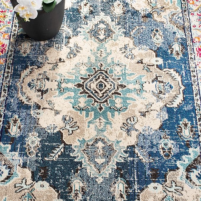 SAFAVIEH Monaco Collection Area Rug - 8'8" Square, Navy & Light Blue, Boho Chic Medallion Distressed Design, Non-Shedding & Easy Care, Ideal for High Traffic Areas in Living Room, Bedroom (MNC243N)
