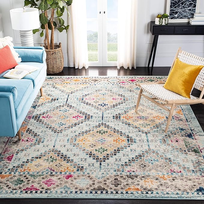 SAFAVIEH Madison Collection Accent Rug - 3' x 5', Blue & Yellow, Boho Diamond Distressed Design, Non-Shedding & Easy Care, Ideal for High Traffic Areas in Entryway, Living Room, Bedroom (MAD418K)