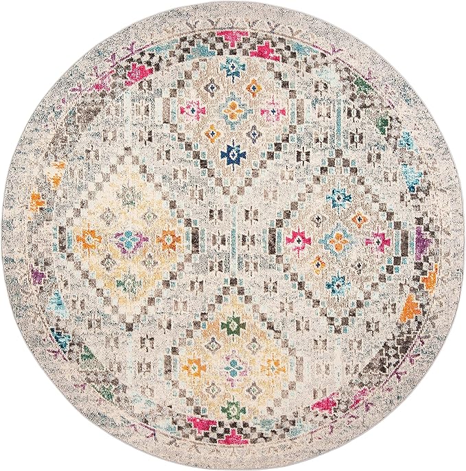 SAFAVIEH Madison Collection 5' Round Grey / Yellow MAD418F Boho Diamond Distressed Non-Shedding Dining Room Entryway Foyer Living Room Bedroom Area Rug