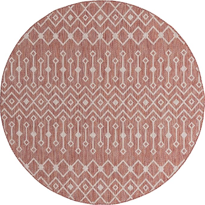Unique Loom Outdoor Trellis Collection Area Rug - Tribal Trellis (7' 10" Round, Rust Red/ Ivory)
