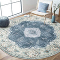 MUJOO Blue Round Rug 6ft,Circle Washable Area Rugs for Bedroom Living Room Bathroom,Boho Large Non Slip Circular Carpet,Floral
