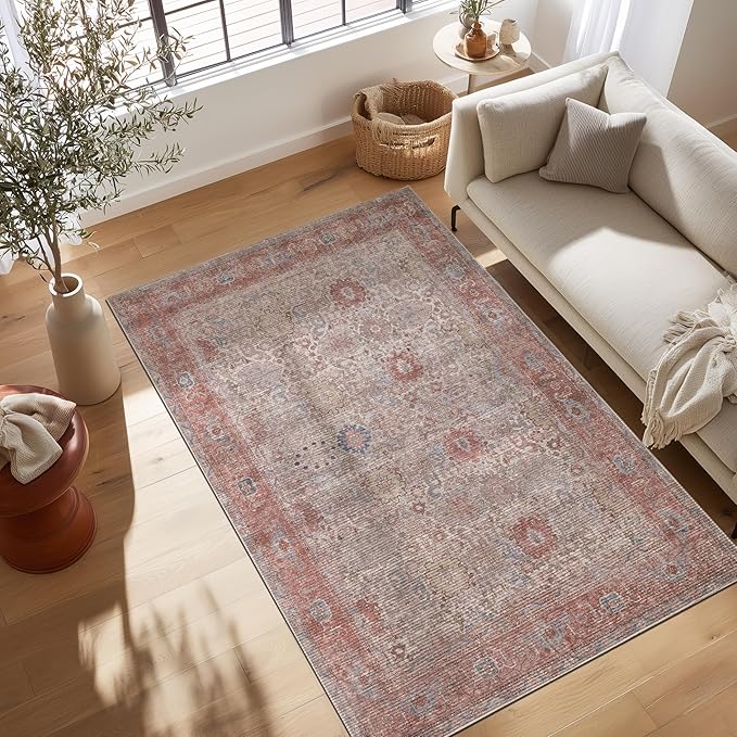 Kuden 5x7 Area Rug, Machine Washable Area Rug with Non-Slip Backing, Vintage Style, Soft, Easy Clean, Low Pile Rug for Living Room, Bedroom, Dining Room