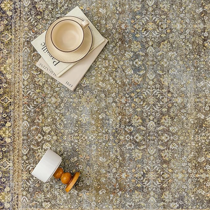 Area Rug 5x7 Brown Living Room Washable Vintage Carpet Non Slip Indoor Retro Traditional Accent Throw Large Rug for Office Kitchen Bedroom Dining Room