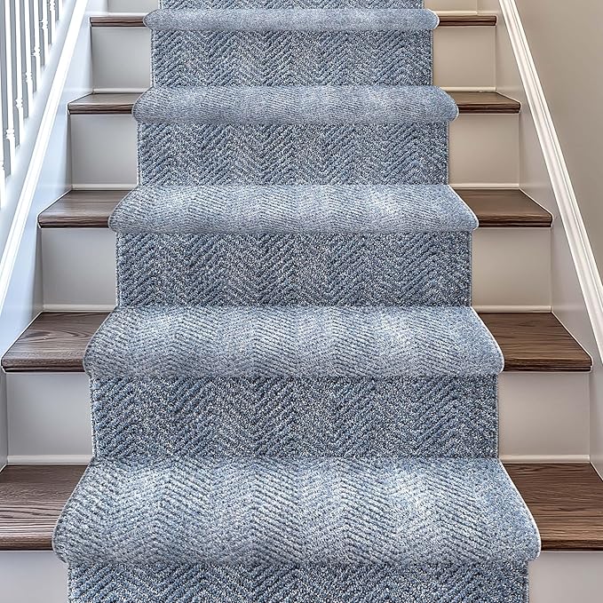Well Woven Custom Size Hallway & Stair Runner- Harlow Pompeii Light Blue 27 Inches Wide x 25 Feet Long Runner (27" x 25') Runner Rug - Modern Chevron Pattern, Ultra-Soft, Easy-Clean