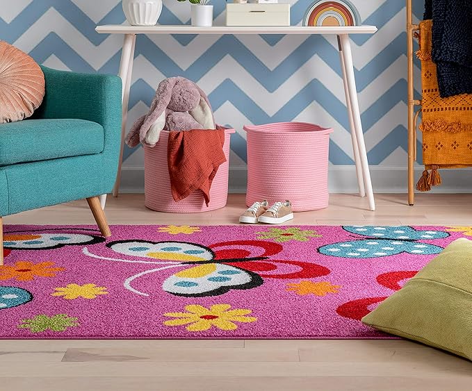 Well Woven Modern Rug Daisy Butterflies Pink 3'3'' x 5' Accent Entry Way Bright Kids Room Kitchn Bedroom Carpet Bathroom Soft Durable Area Rug