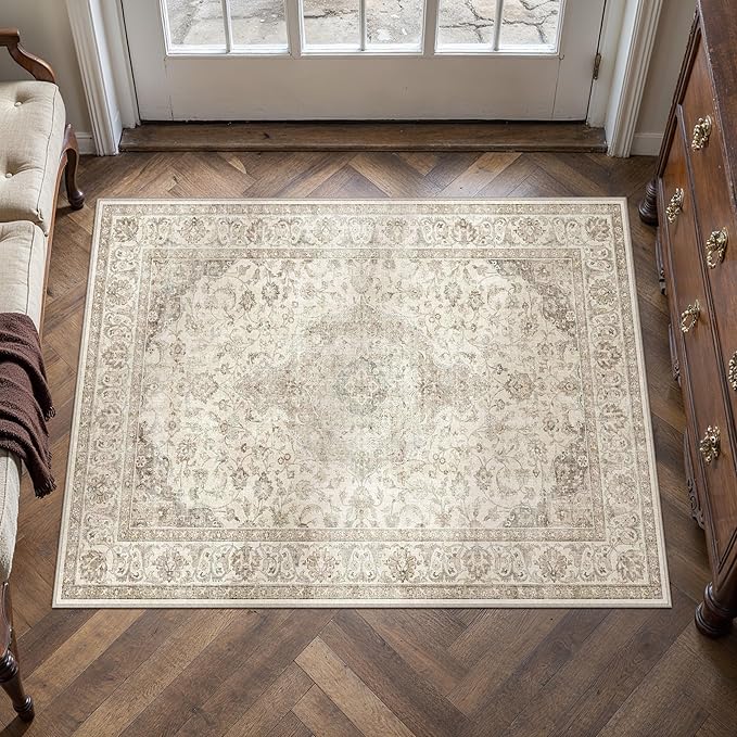 HUGEAR 2x3 Entrance Area Rug Vintage Brown Small Rug Machine Washable Door Mat Neutral Floral Low Pile Carpet Vacuumable Thin Throw Rug Entryway Kitchen Bathroom Bedroom Non Slip Lightweight
