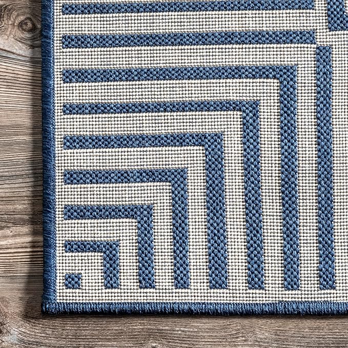 Nuloom Asha Navy/Ivory, 2' x 10', Casual, Striped Border, Soft and Cozy, High Traffic, Stain Resistant, Easy Clean, Durable Runner for Indoor/Outdoor Patio, Deck, Porch, Garden, Courtyard