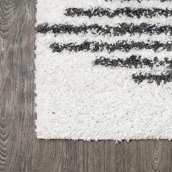 JONATHAN Y Elm Diamond Stripe Shag White/Gray Runner Rug, 2x10, Geometric, Bohemian, Contemporary, Easy-Cleaning for Living Room, Bedroom, Kitchen, Pet Friendly, Non-Shedding (MOH408A-210)