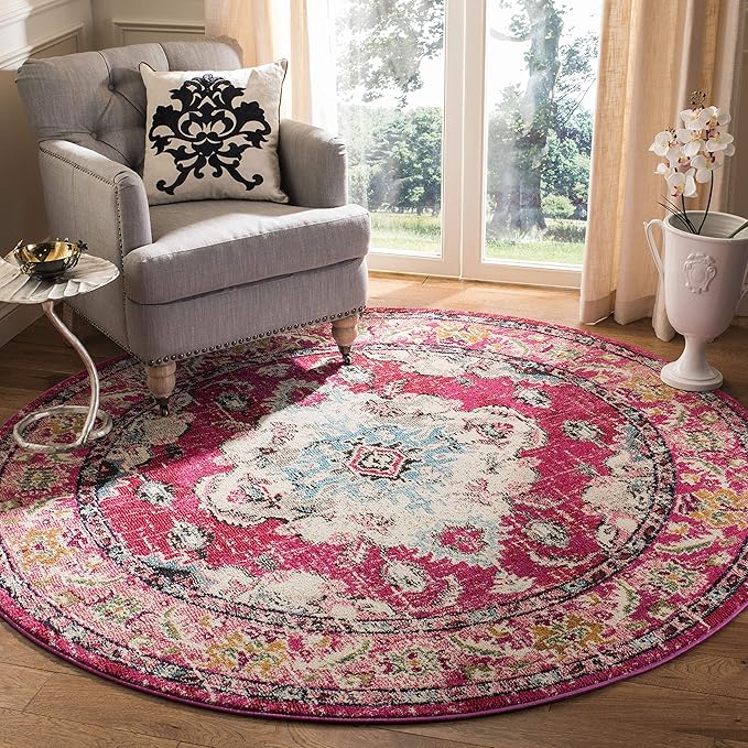 SAFAVIEH Monaco Collection 8' Round PinkMulti MNC243D Boho Chic Medallion Distressed Non-Shedding Living Room Dining Bedroom Foyer Area Rug