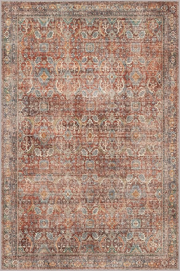 2x3 Entrance Rug Machine Washable Rug Small Door Mat,Ultra-Thin Low Pile Pad,Lightweight Indoor Carpet,Non Slip Floral Area Rug for Entryway,Bedside,Kids Room,Laundry,Bathroom,Terracotta/Indigo
