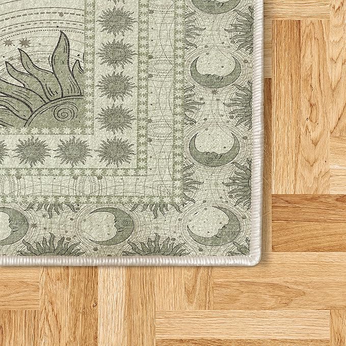 Ambesonne Sun and Moon Decorative Rug, Bohemian Artwork Design of Crescent Solar Ornament Esoteric Stars Ornaments, Quality Carpet for Bedroom Dorm and Living Room, 5' 1" X 7' 5", Pale Reseda