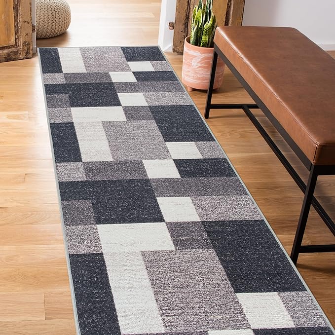 Rugshop Modern Boxes Design Non-Slip (Non-Skid) Carpet for Kitchen, Hallway,Entryway Runner Rug 2'7" x 6' Gray