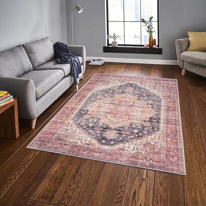 GLN Rugs Traditional Collection - Machine Washable Area Rug, Traditional Washable, Non Slip, Low Pile Chenille Rug, Living Room, Bedroom, Kitchen Rug (4' x 6' Black/Terra)