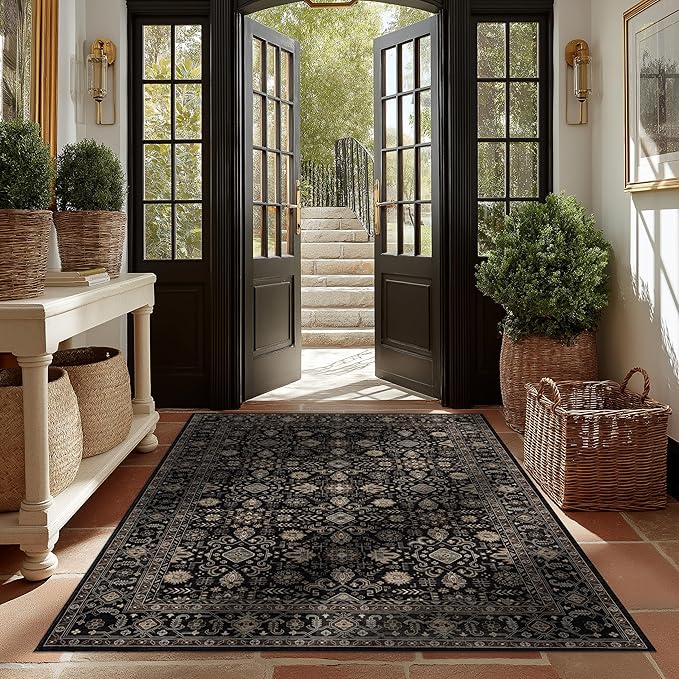 Area Rug Non Slip Machine Washable Ultra Soft Living Room/Bedroom/Kitchen/Outdoor/Classroom Black Gold, 6'×9'