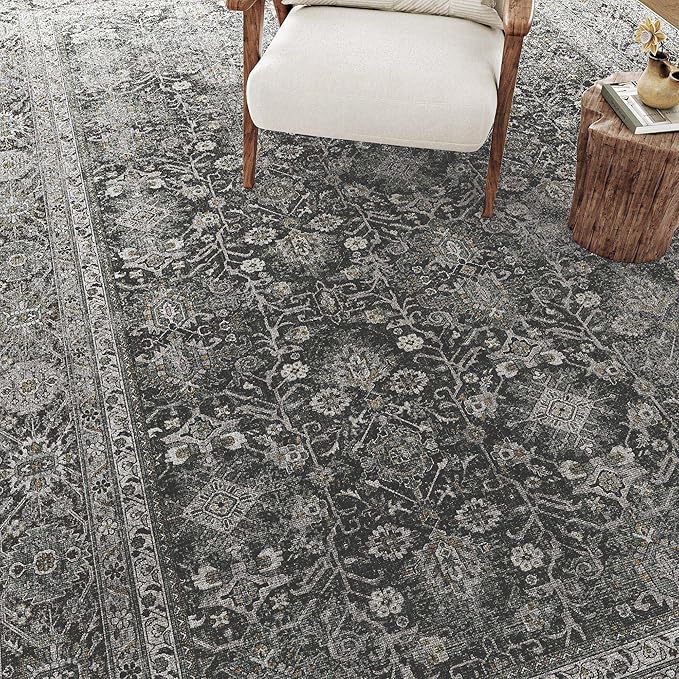 Vintage Area Rug 4x6 Black Entryway Office Washable Carpet Non Slip Bedroom Indoor Living Room Door Mat Low Pile Traditional Distressed Retro Accent Rug for Dining Room Bathroom Kitchen
