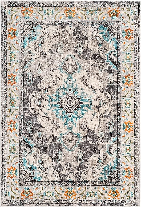 SAFAVIEH Monaco Collection Area Rug - 8' x 10', Grey & Light Blue, Boho Chic Medallion Distressed Design, Non-Shedding & Easy Care, Ideal for High Traffic Areas in Living Room, Bedroom (MNC243G)