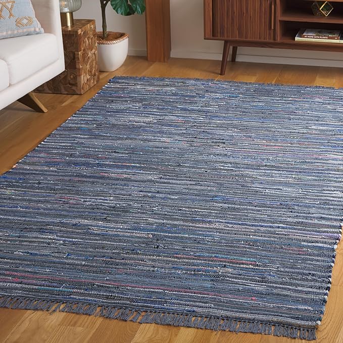 SAFAVIEH Rag Rug Collection Area Rug - 5' x 8', Ink & Multi, Handmade Boho Stripe Cotton, Ideal for High Traffic Areas in Living Room, Bedroom (RAR121C)
