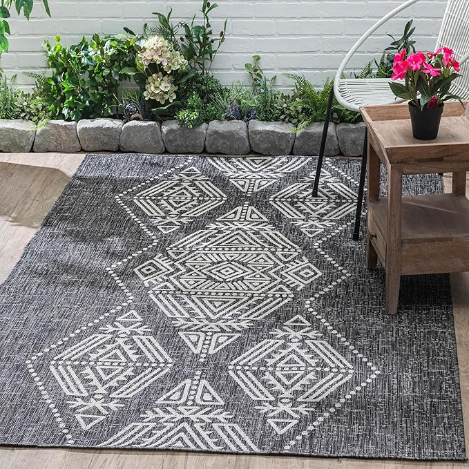 FH Home Flat Woven Outdoor Rug - Waterproof, Easy to Clean, Stain Resistant - Premium Polypropylene Yarn - Boho Moroccan - Large Patio, Deck, Sunroom - Ariana - Charcoal - 5ft 2in x 7ft 6in