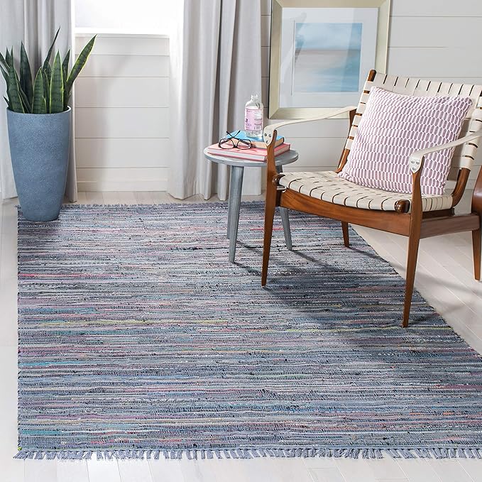 SAFAVIEH Rag Rug Collection Accent Rug - 4' x 6', Purple & Multi, Handmade Boho Stripe Cotton, Ideal for High Traffic Areas in Entryway, Living Room, Bedroom (RAR121D)