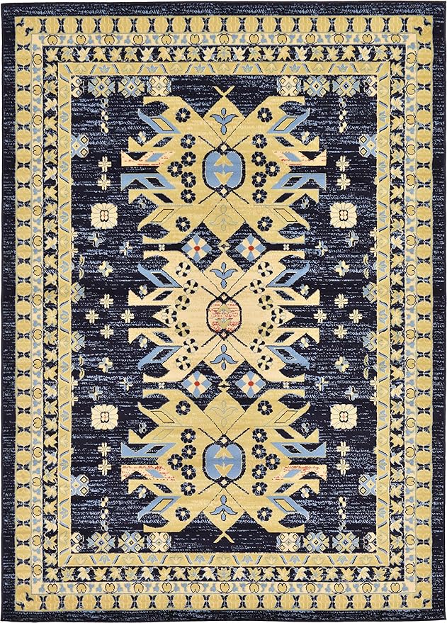 Unique Loom Taftan Collection Border Geometric Tribal Inspired Design Area Rug (7' 0 x 10' 0 Rectangular, Navy Blue/ Gold)