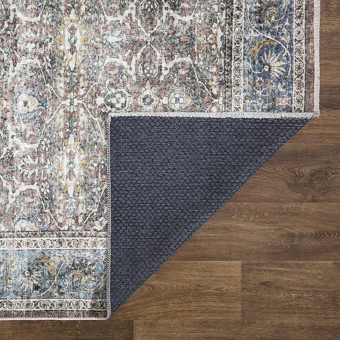 Bloom Rugs Caria Washable Non-Slip 4x6 Rug - Blue/Red Brown Traditional Area Rug for Living Room, Bedroom, Dining Room, and Kitchen - Exact Size: 4' x 6'