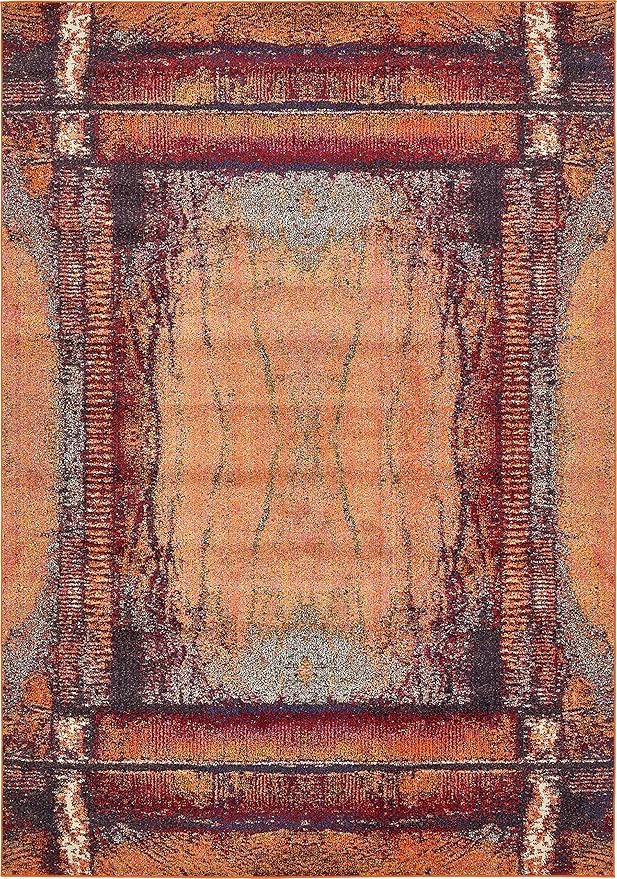 Unique Loom Estrella Collection Rustic, Distressed, Modern, Abstract Area Rug (7' 0 x 10' 0 Rectangular, Orange/Black)