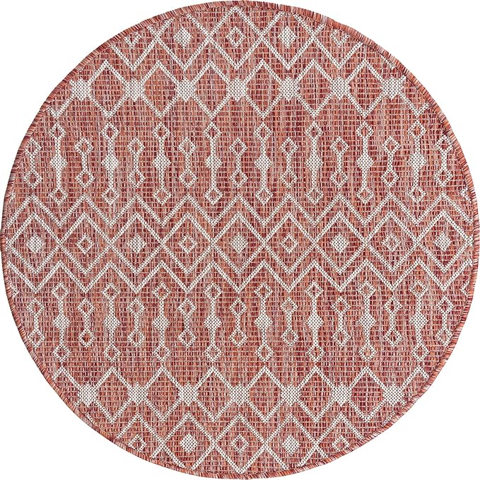 Unique Loom Outdoor Trellis Collection Area Rug - Tribal Trellis (3' 3" Round, Rust Red/ Ivory)