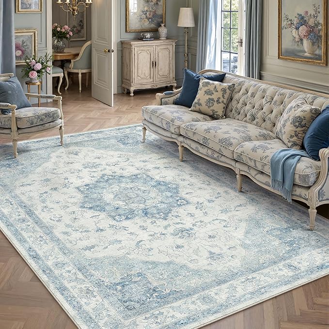 Blue Area Rug 6x9 Washable Vintage Carpet for Living Room Bedroom Large Soft Retro Low Pile Thin Indoor Rug Non Slip Oriental Medallion Floor Cover for Dining Room Office