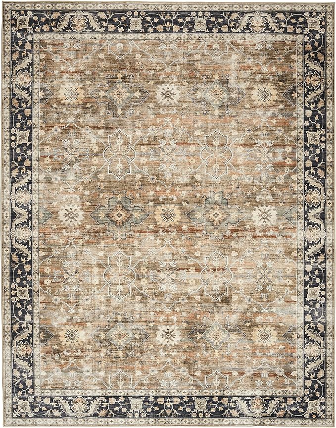 ReaLife Rugs Machine Washable Area Rug - Living Room Bedroom Bathroom Kitchen Entryway Office - Padded Low Pile Stain Resistant Premium - Boho Farmhouse Vintage - BEV - Beige Tan Brown 4' x 6'