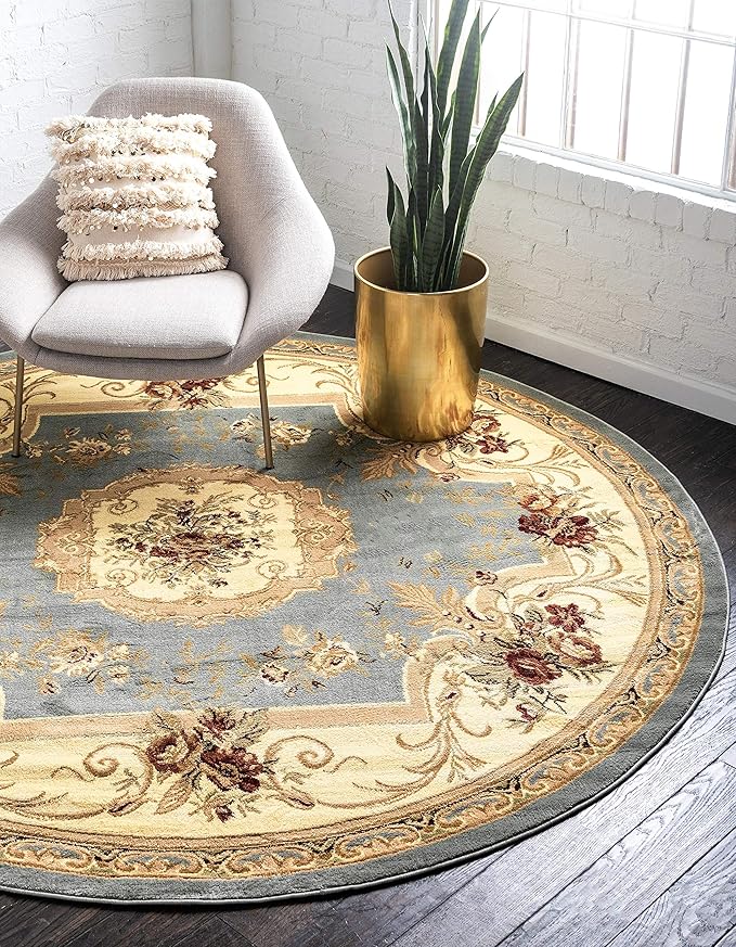 Unique Loom Versailles Collection Traditional Classic Floral Motif Area Rug (6' 0 x 6' 0 Round, Slate Blue/ Ivory)