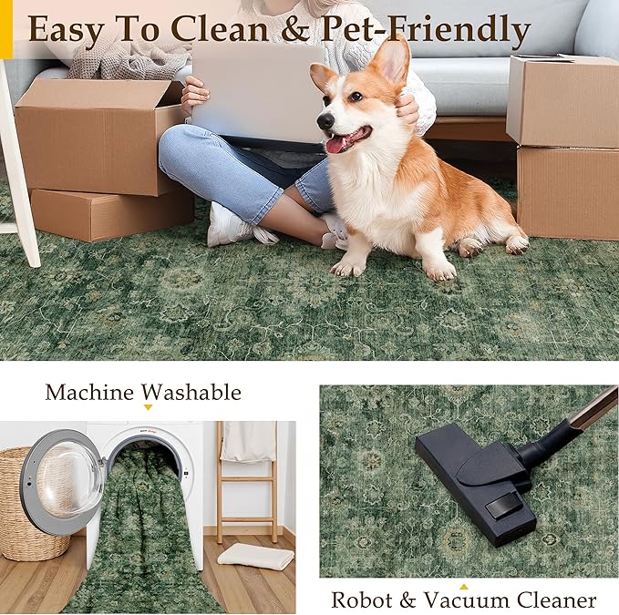 8x10 Washable Area Rug for Living Room Bedroom Green Vintage Distressed Rustic Large Carpet Non-Slip Low Pile Lightweight Vacuumable Soft Throw Rug for Indoor Dining Room