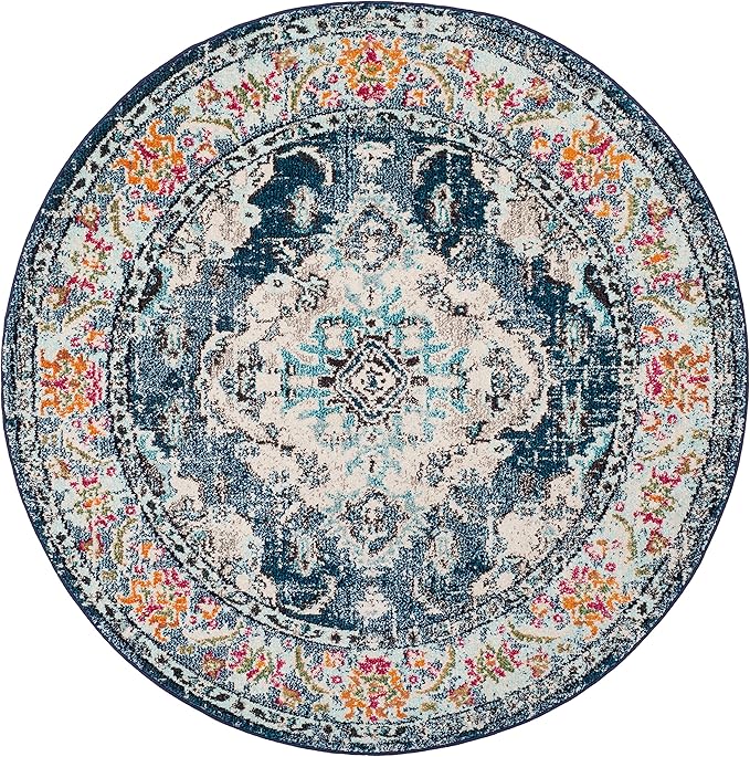 SAFAVIEH Monaco Collection Area Rug - 12' Round, Navy & Light Blue, Boho Chic Medallion Distressed Design, Non-Shedding & Easy Care, Ideal for High Traffic Areas in Living Room, Bedroom (MNC243N)