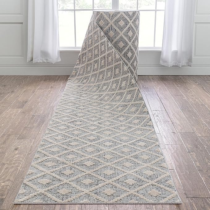 Well Woven Custom Size Hallway Stair Runner - Choose Your Length - Ainsley Grey Diamond Trellis Geometric Tribal - 31 Inches Wide x 12 Feet Long Runner (31" x 12' Runner) Rug