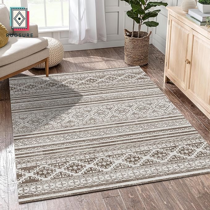 RUGSURE Washable Area Rugs 6' x 9' - 1/6 Thick - Moroccan-Inspired -Stain & Water Resistant Non-Slip - Resistant Rug for Living Room, Bedroom, Nursery, Pet & Child Friendly (Brown)