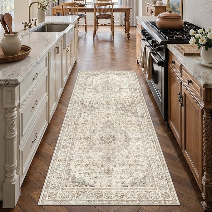 HUGEAR 2x6 Runner Rug Hallway Vintage Brown Machine Washable Neutral Floral Low Pile Carpet Vacuumable Thin Long Throw Rug Bedroom Office Bathroom Kitchen Laundry Non Slip Soft Lightweight